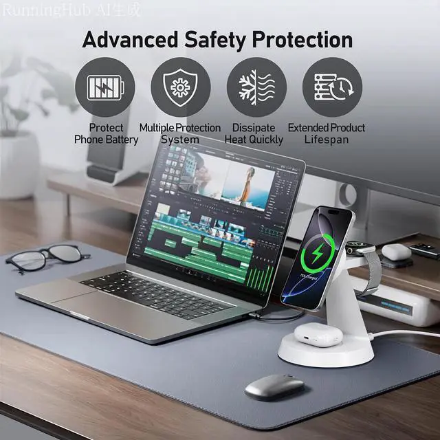 Alt view image 7 of 7 - iPhone Charging Station 3 in 1 Wireless Charger for Apple Devices, 15W MagSafe Stand Compatible with iPhone 17 16 15 14 13 12 Pro Max Plus, Charging Dock for AirPods 4 3 2 & iWatch Series (White)