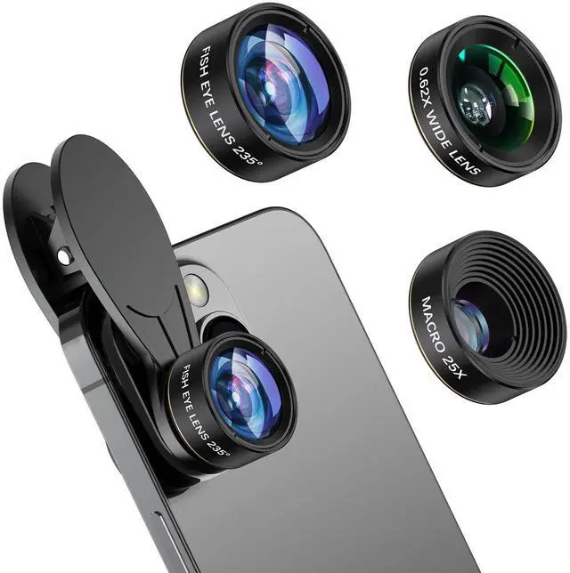 Main image of 3-in-1 Smartphone Camera Lens Kit 0.62× Wide Angle + 25× Macro + 235° Fisheye, Universal Clip-On Lens for iPhone/Samsung/Android Phones, Travel & Vlog Friendly