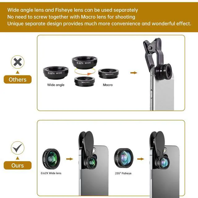 Alt view image 5 of 6 - 3-in-1 Smartphone Camera Lens Kit 0.62× Wide Angle + 25× Macro + 235° Fisheye, Universal Clip-On Lens for iPhone/Samsung/Android Phones, Travel & Vlog Friendly