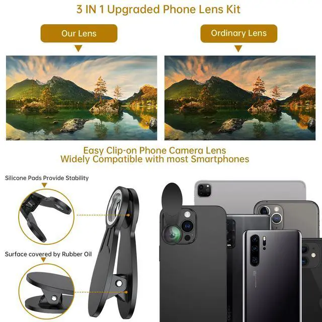 Alt view image 6 of 6 - 3-in-1 Smartphone Camera Lens Kit 0.62× Wide Angle + 25× Macro + 235° Fisheye, Universal Clip-On Lens for iPhone/Samsung/Android Phones, Travel & Vlog Friendly