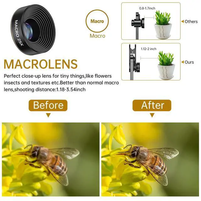 Alt view image 4 of 6 - 3-in-1 Smartphone Camera Lens Kit 0.62× Wide Angle + 25× Macro + 235° Fisheye, Universal Clip-On Lens for iPhone/Samsung/Android Phones, Travel & Vlog Friendly