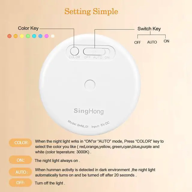 Alt view image 5 of 7 - Motion Sensor LED Night Light, Kids Night Light, USB Rechargeable, 8 Lighting Colors, 3 Working Modes, for Bedroom, Hallway, Cabinet, Closet, Stairs, etc, Magnetic Stick Anywhere (2 Pack)