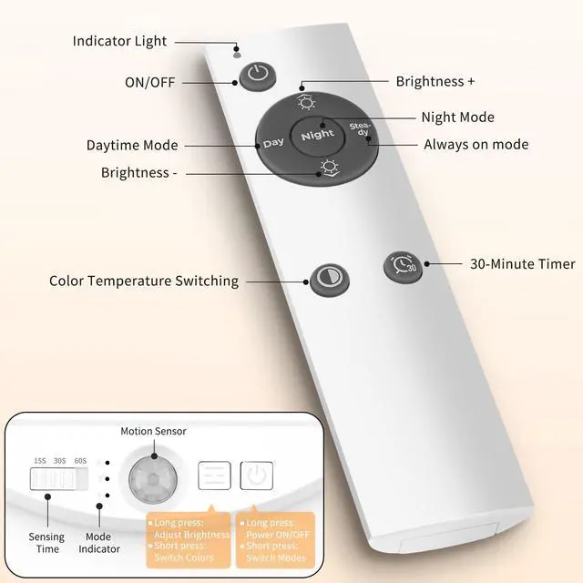 Alt view image 3 of 7 - Rechargeable Motion Sensor Ceiling Light with Remote, 3000K 4000K 6500K Magnetic No Wiring Battery Powered Closet Light for Shower Stairs Hallway Porch Pantry Garage Patio Shed