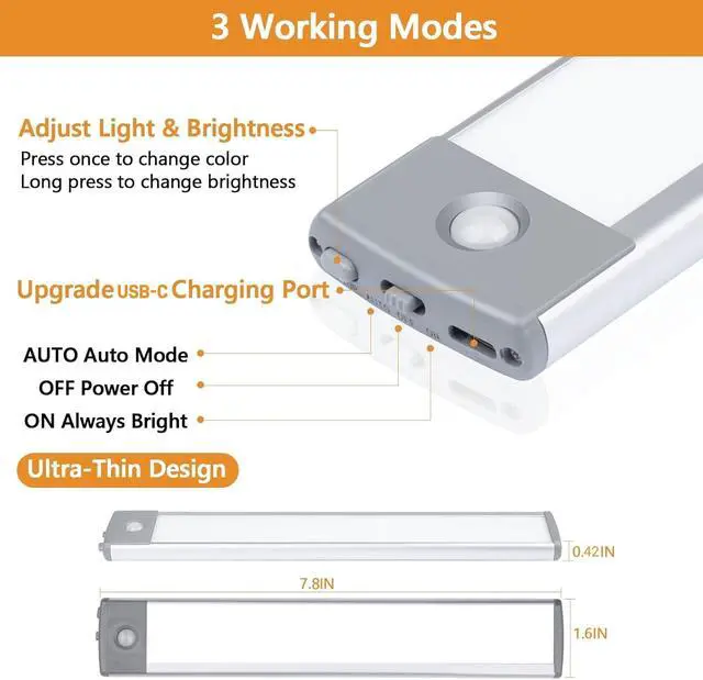 Alt view image 4 of 7 - 2-Pack Motion Sensor Under Cabinet Lighting, USB-C Rechargeable 1700mAh Battery, 3 Color Temperatures & Dimmable, 35LED Wireless Magnetic Design for Kitchen, Closet, Stairs