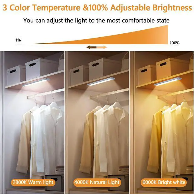 Alt view image 3 of 7 - 2-Pack Motion Sensor Under Cabinet Lighting, USB-C Rechargeable 1700mAh Battery, 3 Color Temperatures & Dimmable, 35LED Wireless Magnetic Design for Kitchen, Closet, Stairs
