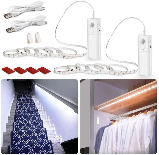 Main image of Motion Sensor Stair Strip Lights,Rechargeable Motion Activated Closet Light,Battery Powered LED Strip,60 LEDs Homelife Bar for Bed,Pantry,Counter,Night Light,Cabinet,6000K White,6.56ft,2PCS