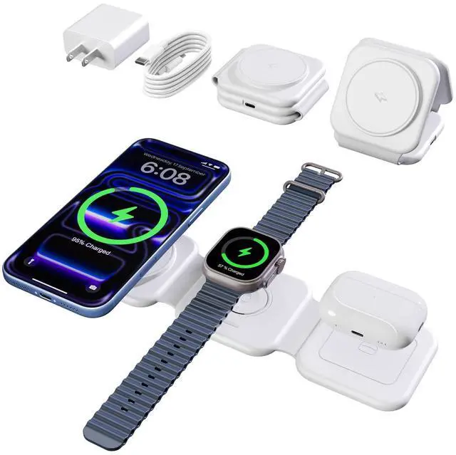 Main image of 15W Magnetic Travel Charging Station, 3-in-1 Foldable MagSafe Charger