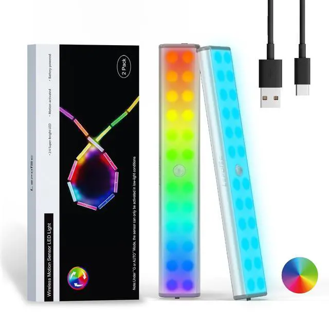 Main image of 24LED RGBW Under Cabinet Light - Motion Sensor Closet Light, Rechargeable Changing Color LED Light,Christmas Lights for Kicthen,Bedroom,Remodelling Room,Hotel,Bar (Multi-24LED-2pack)