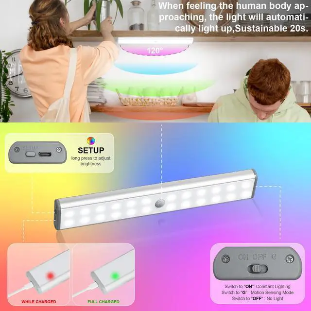 Alt view image 2 of 7 - 24LED RGBW Under Cabinet Light - Motion Sensor Closet Light, Rechargeable Changing Color LED Light,Christmas Lights for Kicthen,Bedroom,Remodelling Room,Hotel,Bar (Multi-24LED-2pack)