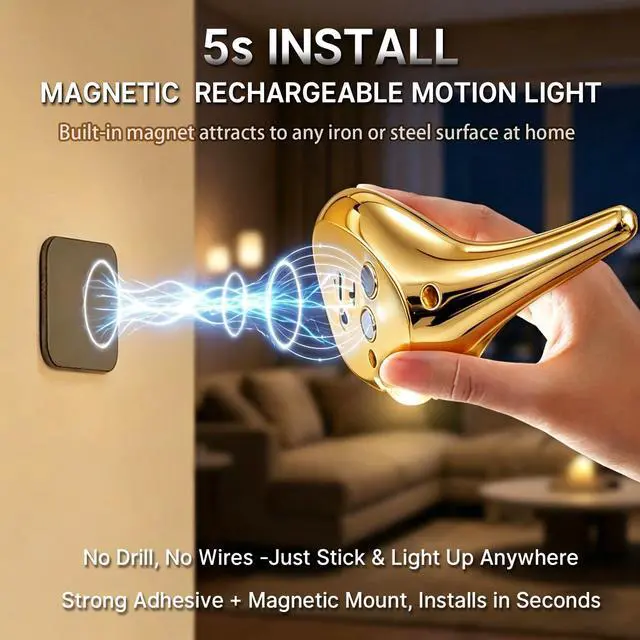 Alt view image 4 of 7 - Motion Sensor Wall Light: 1200mAh Rechargeable Night Light Set of 2 Magnetic Stair Lights Indoor Wireless Small Night Light for Kids Elderly Bedroom Hallway Home Decor (Gold)