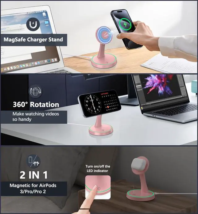 Alt view image 2 of 7 - Magnetic Wireless Charger Stand 15W Fast Mag-Safe Charger for iPhone 17 /17 pro/ 17 Air/ 17 pro max 16/15/14/13/12 Series Magnet Wireless Charging Station/Pad with Sleep-Friendly Light for AirPods