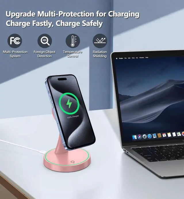 Alt view image 4 of 7 - Magnetic Wireless Charger Stand 15W Fast Mag-Safe Charger for iPhone 17 /17 pro/ 17 Air/ 17 pro max 16/15/14/13/12 Series Magnet Wireless Charging Station/Pad with Sleep-Friendly Light for AirPods