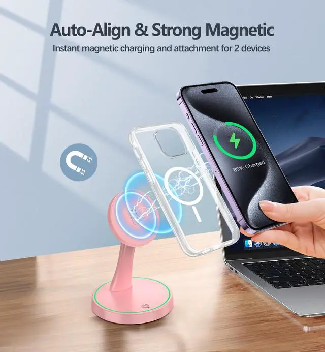 Alt view image 6 of 7 - Magnetic Wireless Charger Stand 15W Fast Mag-Safe Charger for iPhone 17 /17 pro/ 17 Air/ 17 pro max 16/15/14/13/12 Series Magnet Wireless Charging Station/Pad with Sleep-Friendly Light for AirPods