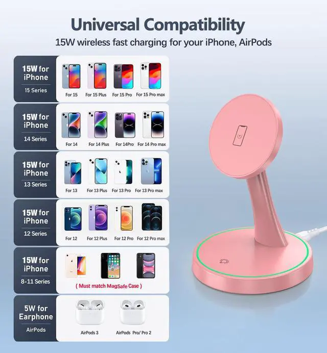 Alt view image 7 of 7 - Magnetic Wireless Charger Stand 15W Fast Mag-Safe Charger for iPhone 17 /17 pro/ 17 Air/ 17 pro max 16/15/14/13/12 Series Magnet Wireless Charging Station/Pad with Sleep-Friendly Light for AirPods