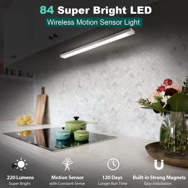 Alt view image 2 of 7 - 84 LED Closet Lights - Battery Powered, Super Bright Under Cabinet Lighting with Motion Sensor, Wireless, 3200mah Rechargeable Battery, 120 Days Run Time