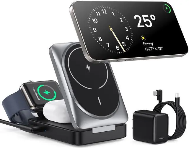 Main image of 3 in 1 Wireless Charger Station for iPhone, 2026 Upgraded Travel Foldable Magnetic 15W Fast Wireless Charging Stand for Mag-Safe with 30W USB C Adapter for iPhone 17/16/15/14/13/12,Apple Watch,AirPods