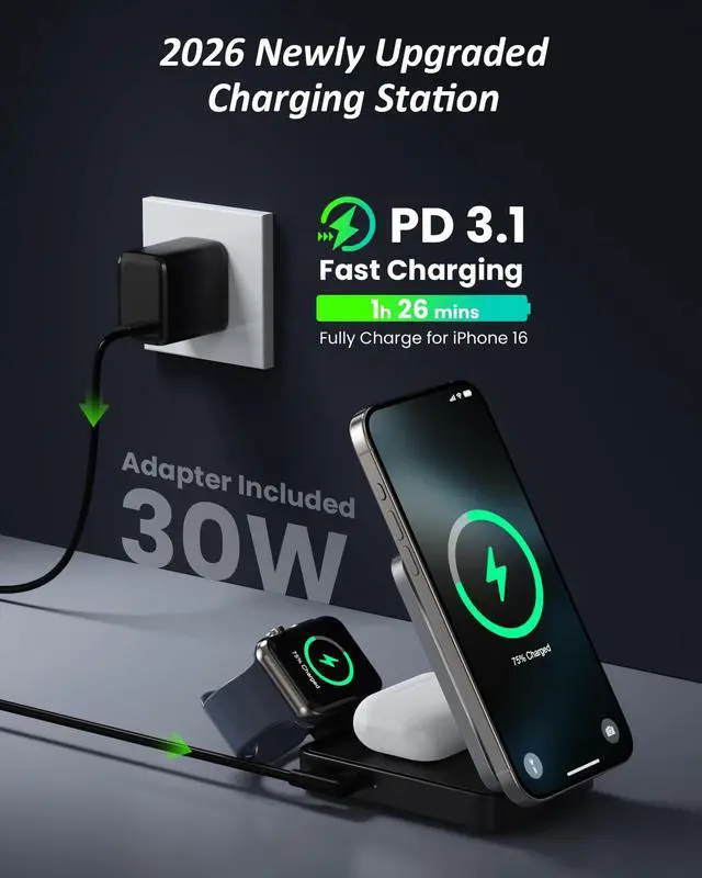 Alt view image 3 of 7 - 3 in 1 Wireless Charger Station for iPhone, 2026 Upgraded Travel Foldable Magnetic 15W Fast Wireless Charging Stand for Mag-Safe with 30W USB C Adapter for iPhone 17/16/15/14/13/12,Apple Watch,AirPods