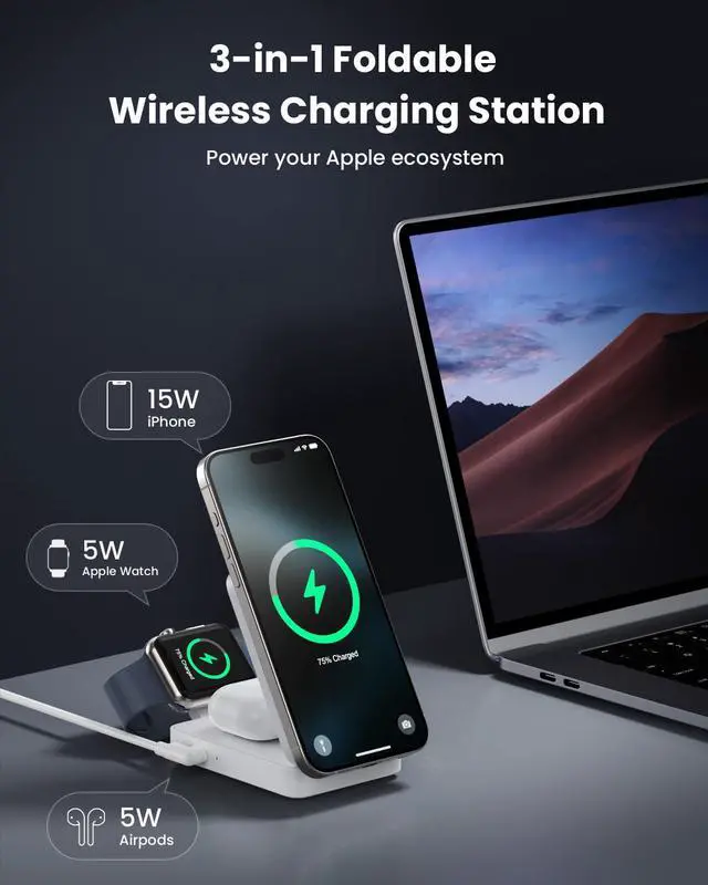 Alt view image 4 of 7 - 3 in 1 Wireless Charger Station for iPhone, 2026 Upgraded Travel Foldable Magnetic 15W Fast Wireless Charging Stand for Mag-Safe with 30W USB C Adapter for iPhone 17/16/15/14/13/12,Apple Watch,AirPods