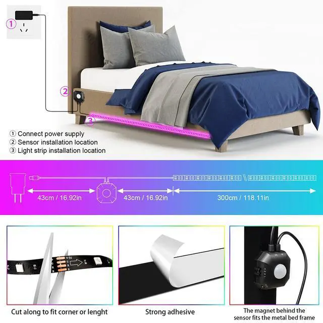 Alt view image 4 of 6 - Under Bed Lights 2 Set*9.84ft Motion Activated RGB LED Strip Light, App Control/Variety Color/Dimmable/Dynamic Music Sync/5V USB, Motion Sensor LED Strip Light for Bed Cabinet Staircase Bedroom