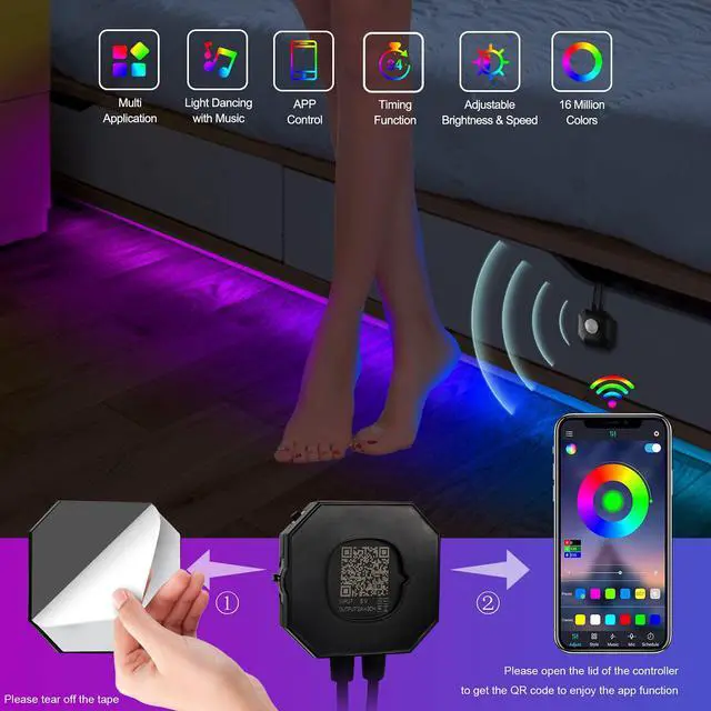Alt view image 3 of 6 - Under Bed Lights 2 Set*9.84ft Motion Activated RGB LED Strip Light, App Control/Variety Color/Dimmable/Dynamic Music Sync/5V USB, Motion Sensor LED Strip Light for Bed Cabinet Staircase Bedroom