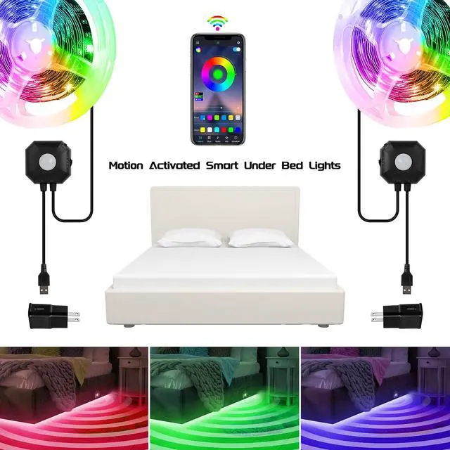 Alt view image 5 of 6 - Under Bed Lights 2 Set*9.84ft Motion Activated RGB LED Strip Light, App Control/Variety Color/Dimmable/Dynamic Music Sync/5V USB, Motion Sensor LED Strip Light for Bed Cabinet Staircase Bedroom