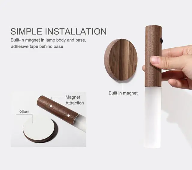 Alt view image 5 of 7 - Wooden Motion Sensor RGB Night Lights Indoor, Magnet Body Hallway Rechargeable LED Wireless Battery Operated Wall Sconce (Walnut Wood 2P)