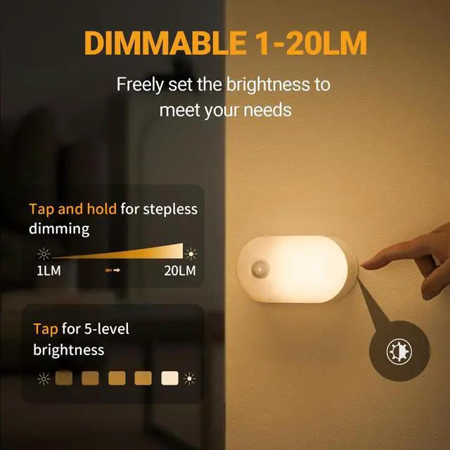 Alt view image 5 of 7 - Rechargeable Battery Night Light with Motion Sensor, Stick on Anywhere, 1-20LM Dimmable LED Nightlights for the Bedroom, Bathroom, Living Room, Kitchen, Stairs, Hallway, 4-Pack