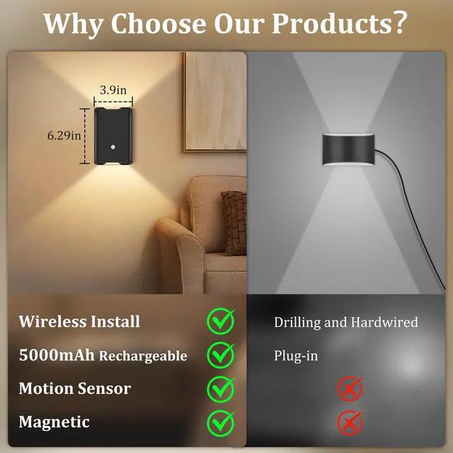 Alt view image 2 of 7 - Battery-Operated Motion Sensor Wall Light: 5000mAh Rechargeable Wall Sconce Set of 2 Motion Sensored Closet Light Magnetic Stair Lights Indoor Wireless Wall Sconces Night Light for Bedroom Hallway