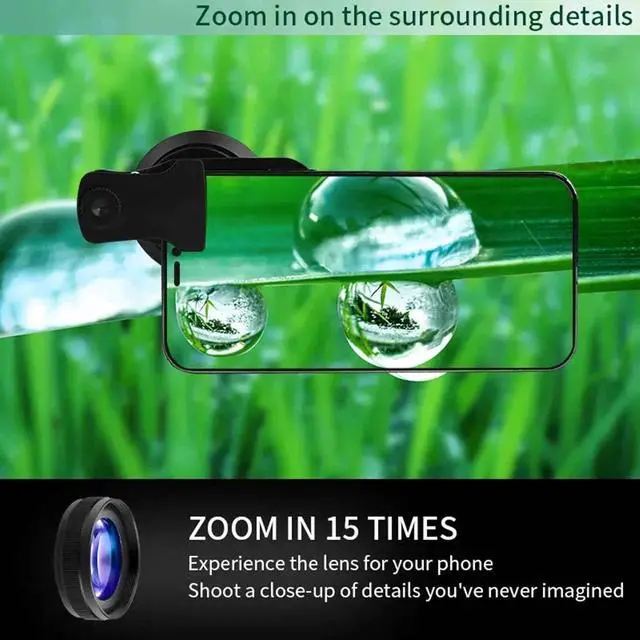 Alt view image 3 of 7 - 4K HD 0.45X Wide Angle Lens + 15X Macro Lens for iPhone Samsung - with Mini Selfie Ring Light, Quick Clip, Release Strap, Cleaning Cloth & Travel Case - Universal Phone Camera Lens Kit for Photography