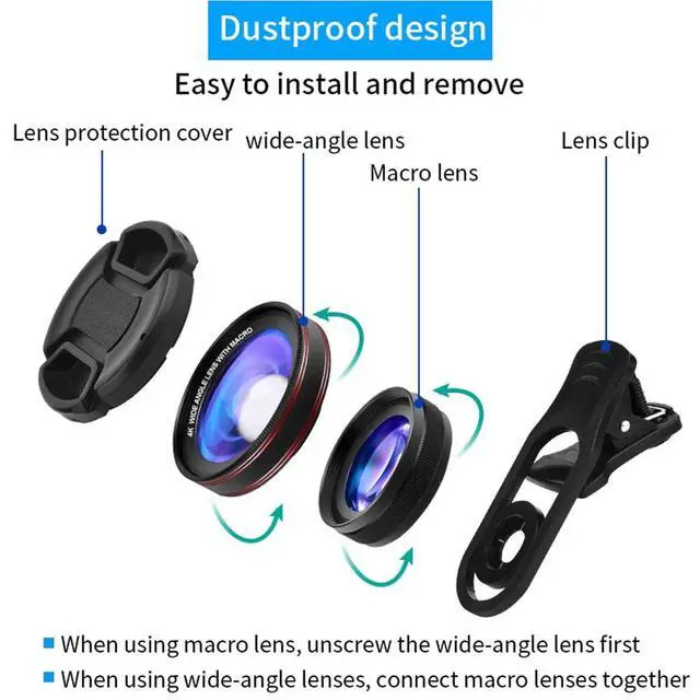 Alt view image 4 of 7 - 4K HD 0.45X Wide Angle Lens + 15X Macro Lens for iPhone Samsung - with Mini Selfie Ring Light, Quick Clip, Release Strap, Cleaning Cloth & Travel Case - Universal Phone Camera Lens Kit for Photography