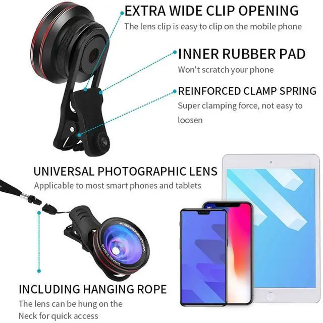 Alt view image 6 of 7 - 4K HD 0.45X Wide Angle Lens + 15X Macro Lens for iPhone Samsung - with Mini Selfie Ring Light, Quick Clip, Release Strap, Cleaning Cloth & Travel Case - Universal Phone Camera Lens Kit for Photography