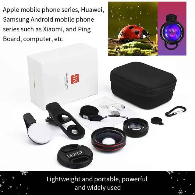 Alt view image 7 of 7 - 4K HD 0.45X Wide Angle Lens + 15X Macro Lens for iPhone Samsung - with Mini Selfie Ring Light, Quick Clip, Release Strap, Cleaning Cloth & Travel Case - Universal Phone Camera Lens Kit for Photography