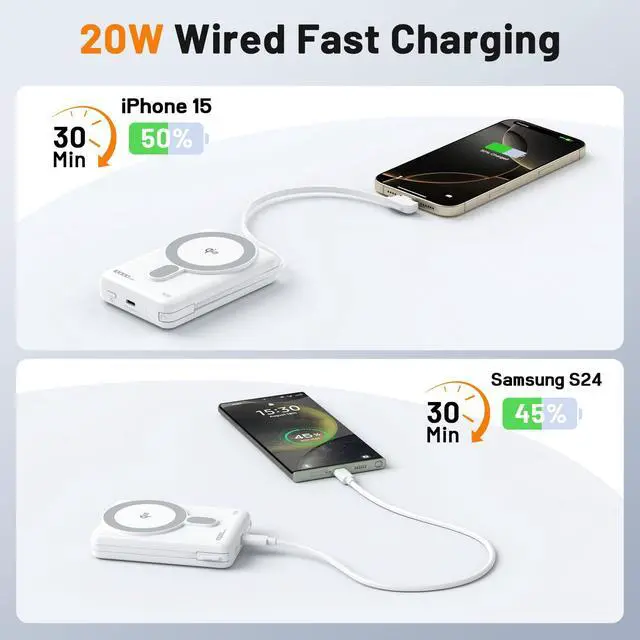 Alt view image 3 of 7 - MagSafe Portable Charger, 10000mAh PD 20W USB-C Magnetic Power Bank, Qi2 Certified, Wireless 15W Fast Charging Battery Pack Built in Cable and Foldable Stand, for iPhone 17 16 15 14 13 12 Series