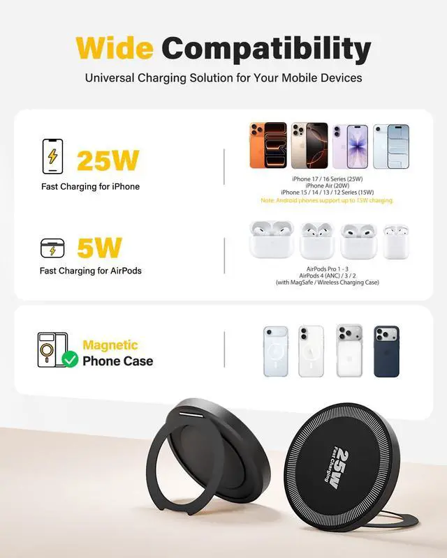 Alt view image 5 of 7 - 2Pack Magnetic Wireless iPhone Charger Fast Phone Charger with Stand, 6FT 25W Fast Phone Charging Pad Wireless Magnetic Charge for iPhone 17/17Air/16 Pro Max/16 Plus/15 Pro Max/AirPods3/2/Pro Black