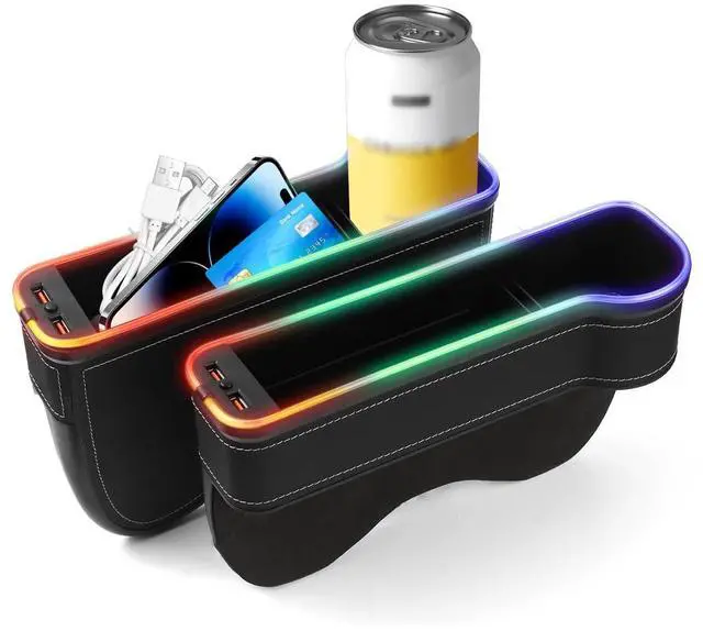 Main image of RGB Color Changing LED Car Seat Gap Filler Organizer Console Side Seat Gap Storage Box with Cup Holders and USB Chargers for Car Interior Accessories (2 Pack)