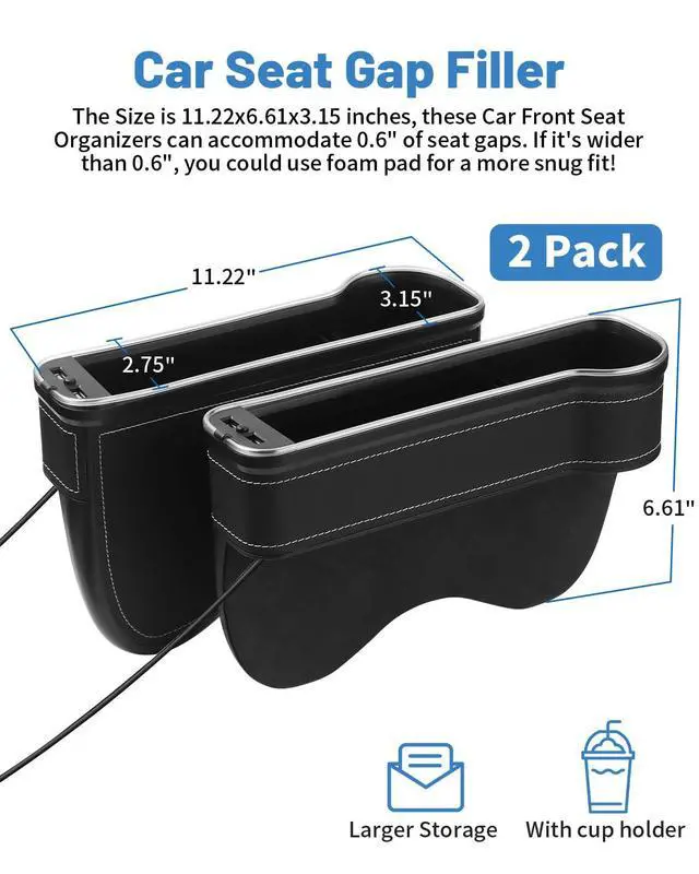 Alt view image 3 of 6 - RGB Color Changing LED Car Seat Gap Filler Organizer Console Side Seat Gap Storage Box with Cup Holders and USB Chargers for Car Interior Accessories (2 Pack)