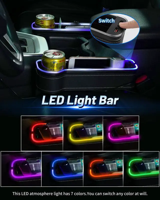 Alt view image 2 of 6 - RGB Color Changing LED Car Seat Gap Filler Organizer Console Side Seat Gap Storage Box with Cup Holders and USB Chargers for Car Interior Accessories (2 Pack)