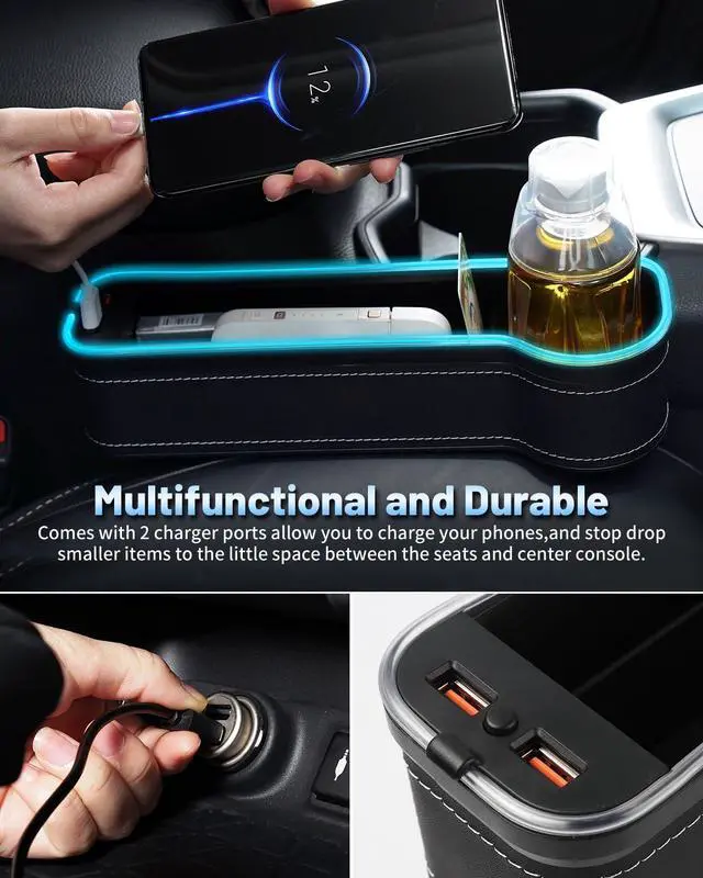 Alt view image 4 of 6 - RGB Color Changing LED Car Seat Gap Filler Organizer Console Side Seat Gap Storage Box with Cup Holders and USB Chargers for Car Interior Accessories (2 Pack)