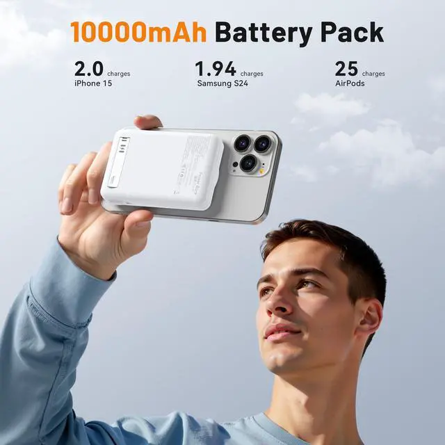 Alt view image 2 of 7 - MagSafe Portable Charger, 10000mAh PD 20W USB-C Magnetic Power Bank, Qi2 Certified, Wireless 15W Fast Charging Battery Pack Built in Cable and Foldable Stand, for iPhone 17 16 15 14 13 12 Series