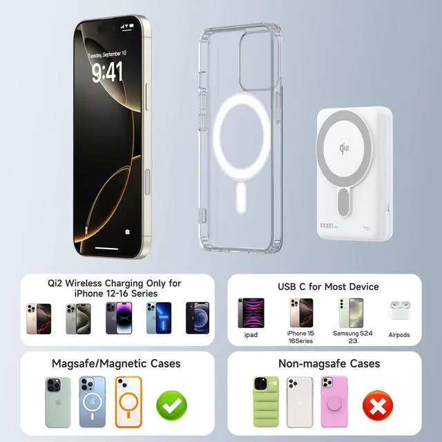 Alt view image 4 of 7 - MagSafe Portable Charger, 10000mAh PD 20W USB-C Magnetic Power Bank, Qi2 Certified, Wireless 15W Fast Charging Battery Pack Built in Cable and Foldable Stand, for iPhone 17 16 15 14 13 12 Series