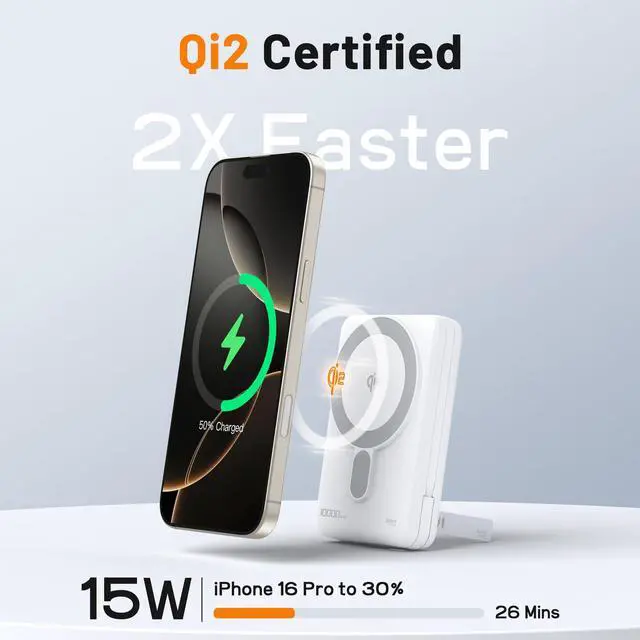 Alt view image 5 of 7 - MagSafe Portable Charger, 10000mAh PD 20W USB-C Magnetic Power Bank, Qi2 Certified, Wireless 15W Fast Charging Battery Pack Built in Cable and Foldable Stand, for iPhone 17 16 15 14 13 12 Series
