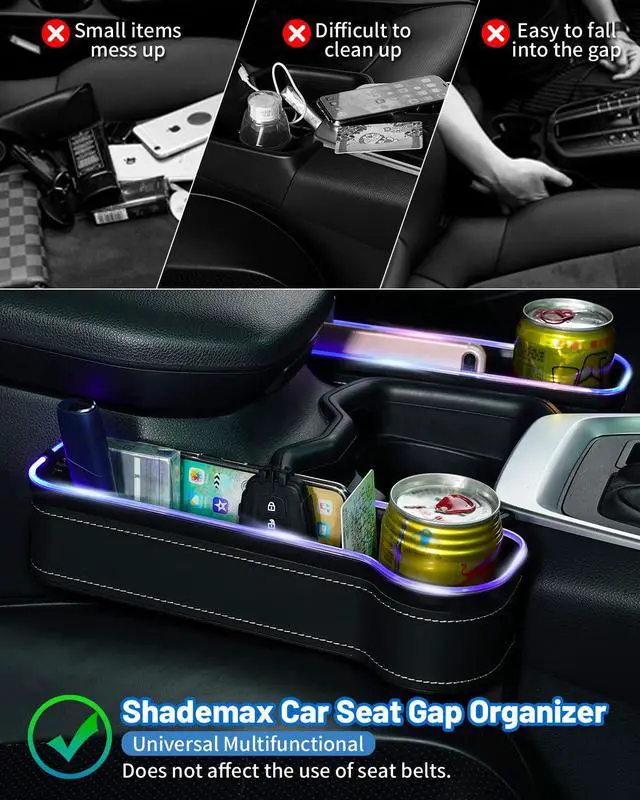 Alt view image 5 of 6 - RGB Color Changing LED Car Seat Gap Filler Organizer Console Side Seat Gap Storage Box with Cup Holders and USB Chargers for Car Interior Accessories (2 Pack)