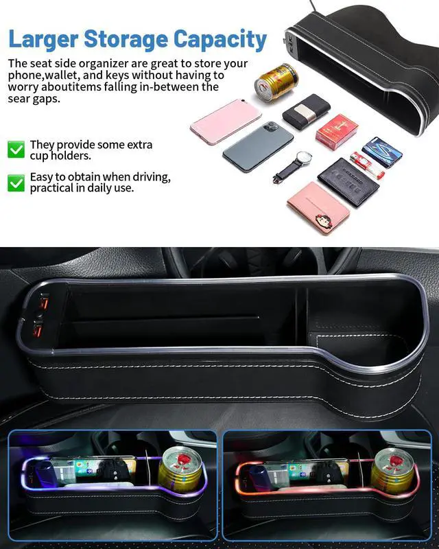 Alt view image 6 of 6 - RGB Color Changing LED Car Seat Gap Filler Organizer Console Side Seat Gap Storage Box with Cup Holders and USB Chargers for Car Interior Accessories (2 Pack)