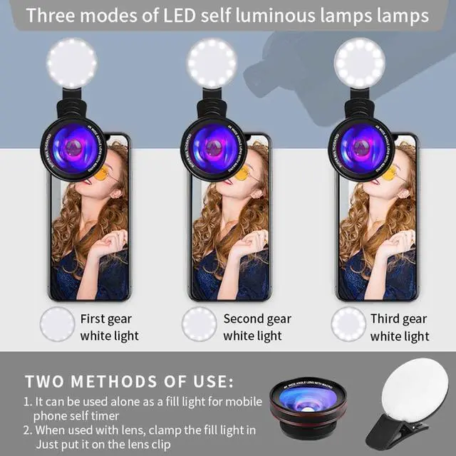 Alt view image 5 of 7 - 4K HD 0.45X Wide Angle Lens + 15X Macro Lens for iPhone Samsung - with Mini Selfie Ring Light, Quick Clip, Release Strap, Cleaning Cloth & Travel Case - Universal Phone Camera Lens Kit for Photography