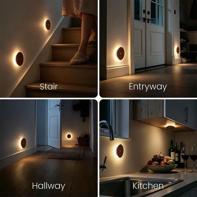 Alt view image 2 of 3 - Motion Sensor Night Light Wood Rechargeable Battery-Powered Stick-On Step Lights Magnetic Closet Warm Nightlight for Hallway Bedroom Stair (2 Pack Black Walnut)