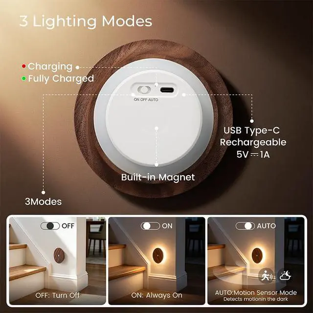 Alt view image 3 of 3 - Motion Sensor Night Light Wood Rechargeable Battery-Powered Stick-On Step Lights Magnetic Closet Warm Nightlight for Hallway Bedroom Stair (2 Pack Black Walnut)