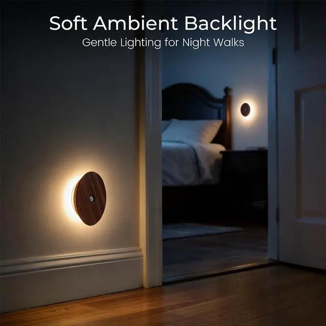 Main image of Motion Sensor Night Light Wood Rechargeable Battery-Powered Stick-On Step Lights Magnetic Closet Warm Nightlight for Hallway Bedroom Stair (2 Pack Black Walnut)