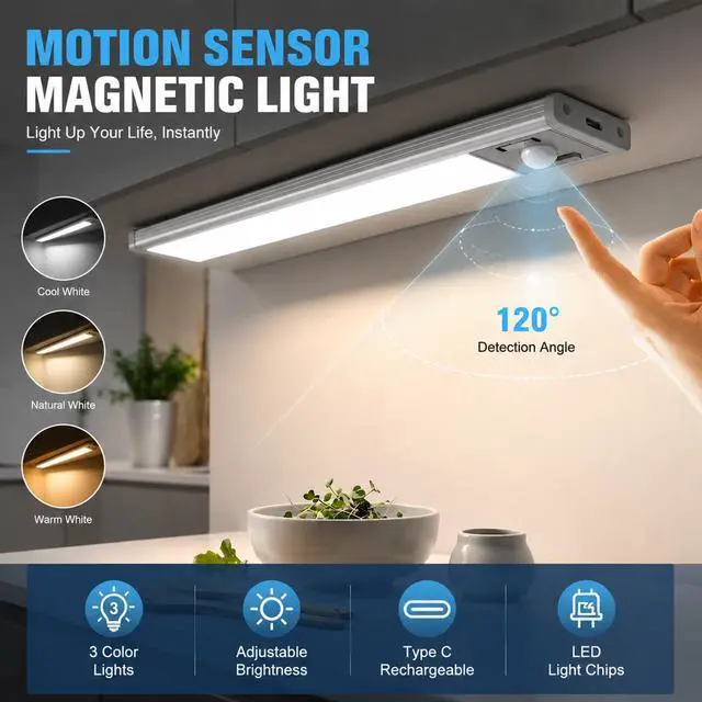 Main image of 6Pack Aluminum Under Cabinet Lighting, 10inch Rechargeable Ultra-Thin Magnetic Motion Sensor Closet Lights, 3 Colors & Dimmable, USB-C Wireless Under Counter Lights for Kitchen, Pantry, Wardrobe