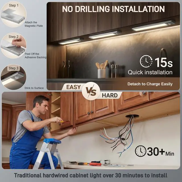 Alt view image 3 of 3 - 6Pack Aluminum Under Cabinet Lighting, 10inch Rechargeable Ultra-Thin Magnetic Motion Sensor Closet Lights, 3 Colors & Dimmable, USB-C Wireless Under Counter Lights for Kitchen, Pantry, Wardrobe