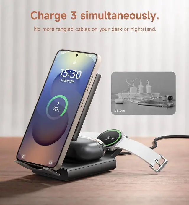 Alt view image 7 of 7 - for Samsung 3-in-1 Wireless Charging Station, Ultra-Portable Charging Dock Stand for Galaxy S26/S25/S24/S23/S22/S21/Note/Z Fold Flip, Galaxy Watch 8/7/6/5/4/3/Buds, Black